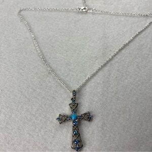 Elegant Silver Cross Necklace with Blue Accents stones 20” Silver tone